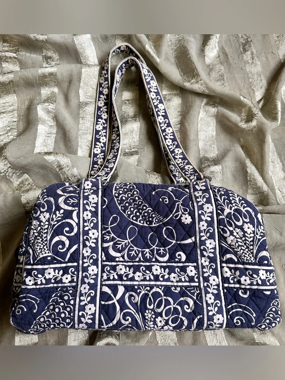 Vera Bradley Twirly Bird Blue Navy and White Quilted Floral Shoulder Bag